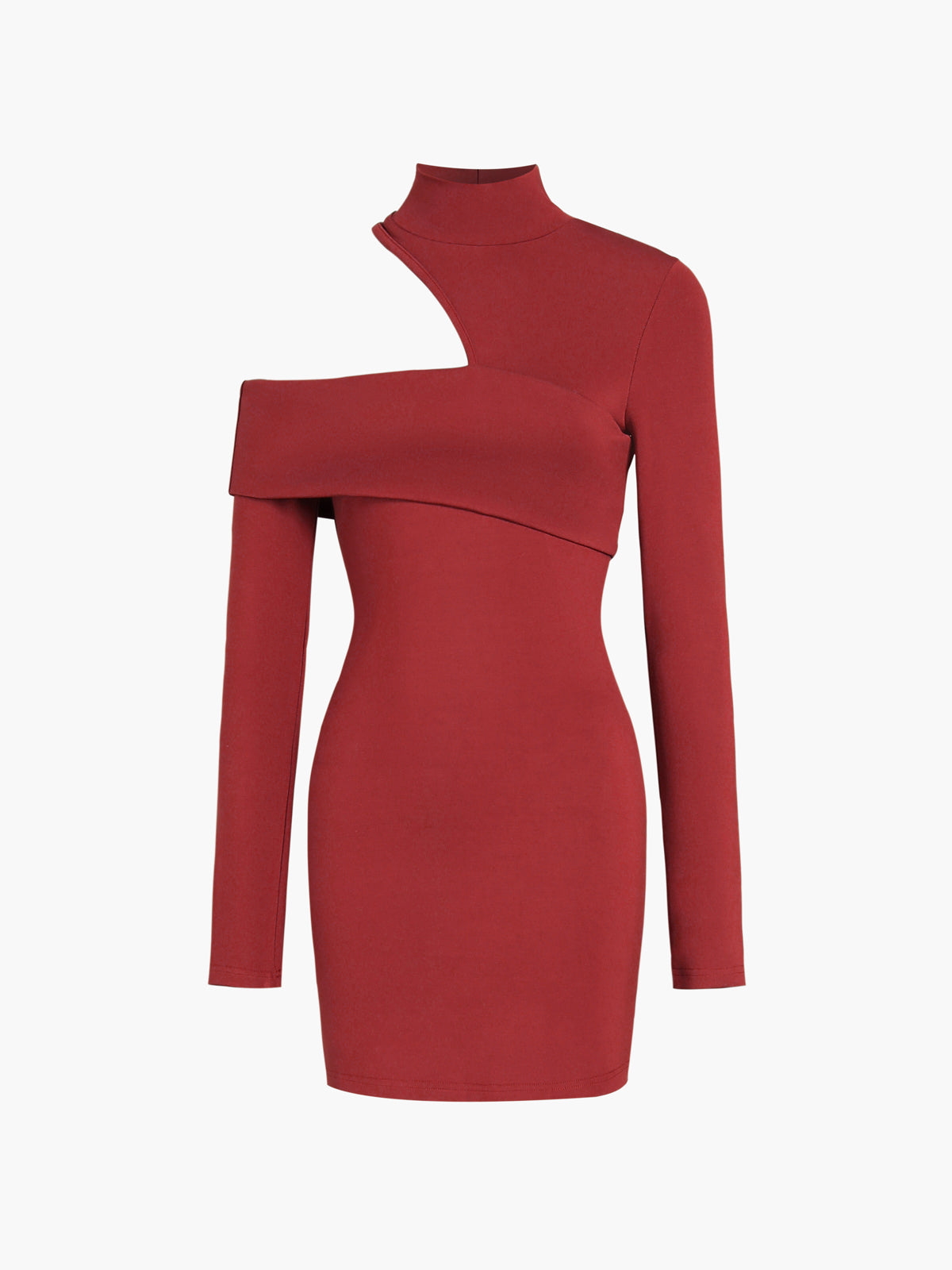 Robe courte à manches longues en côtes avec encolure montante et découpe oblique