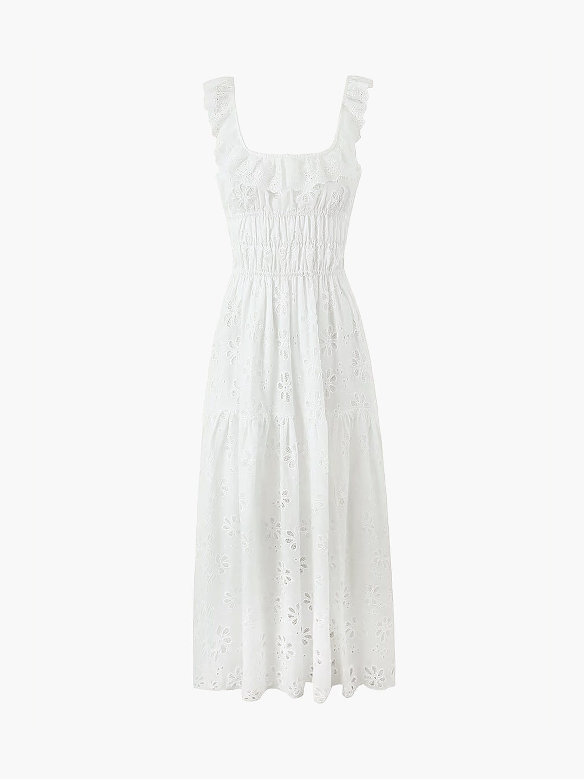 Robe longue en coton brodé à œillets baignée de soleil