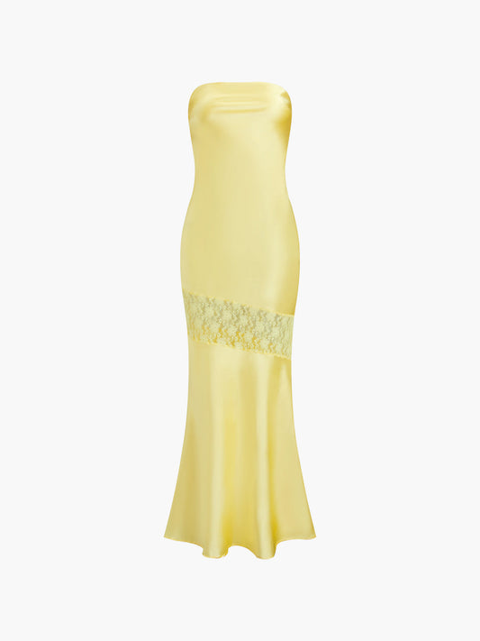 Robe midi tube sans bretelles en dentelle asymétrique