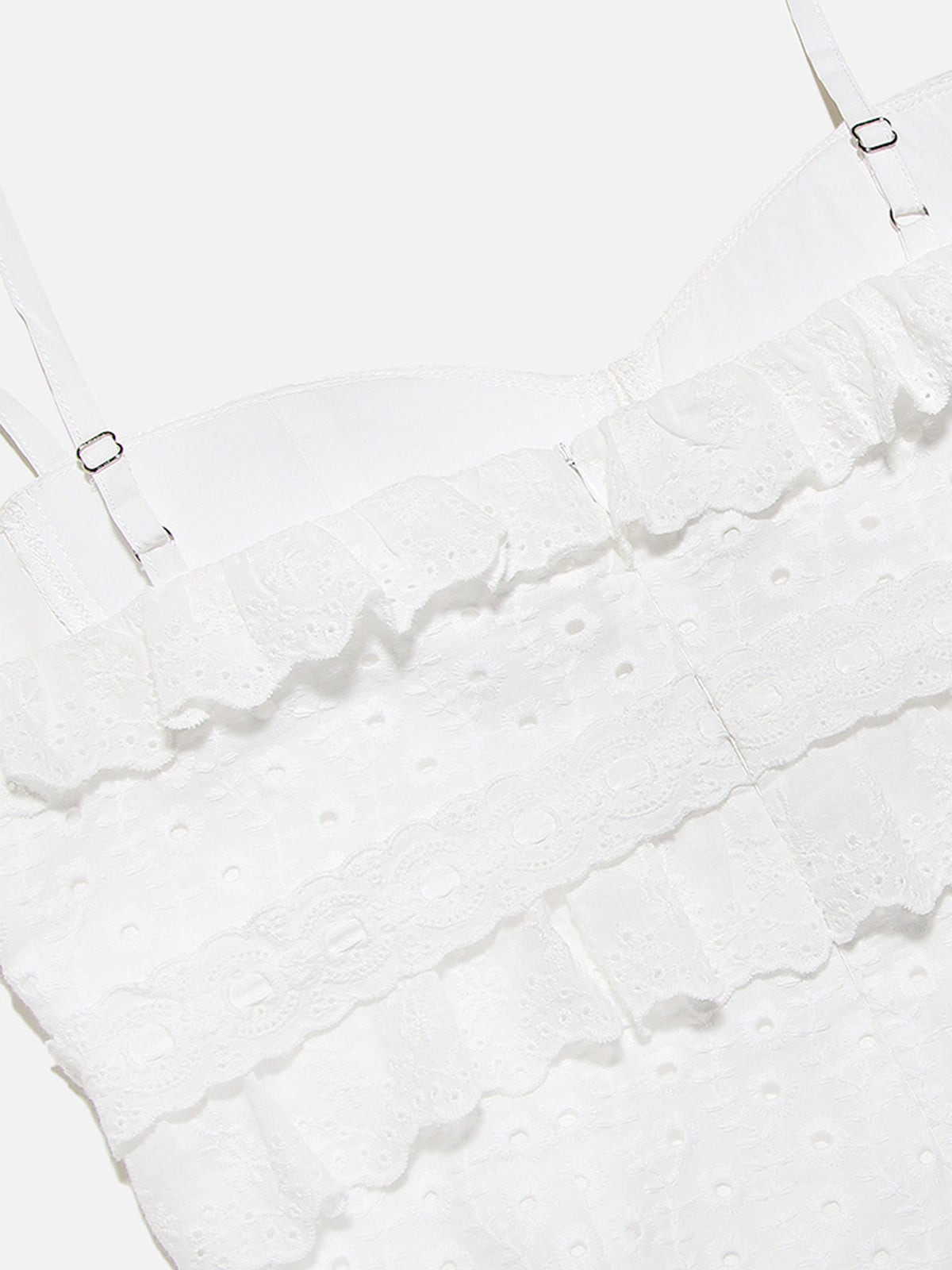 Détail de la coupe Robe longue à volants superposés en broderie anglaise
