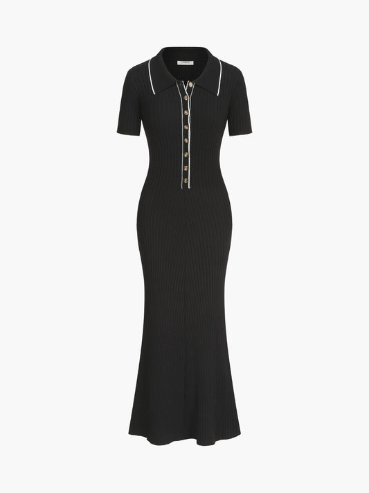 Robe en tricot longue à col polo contrastant