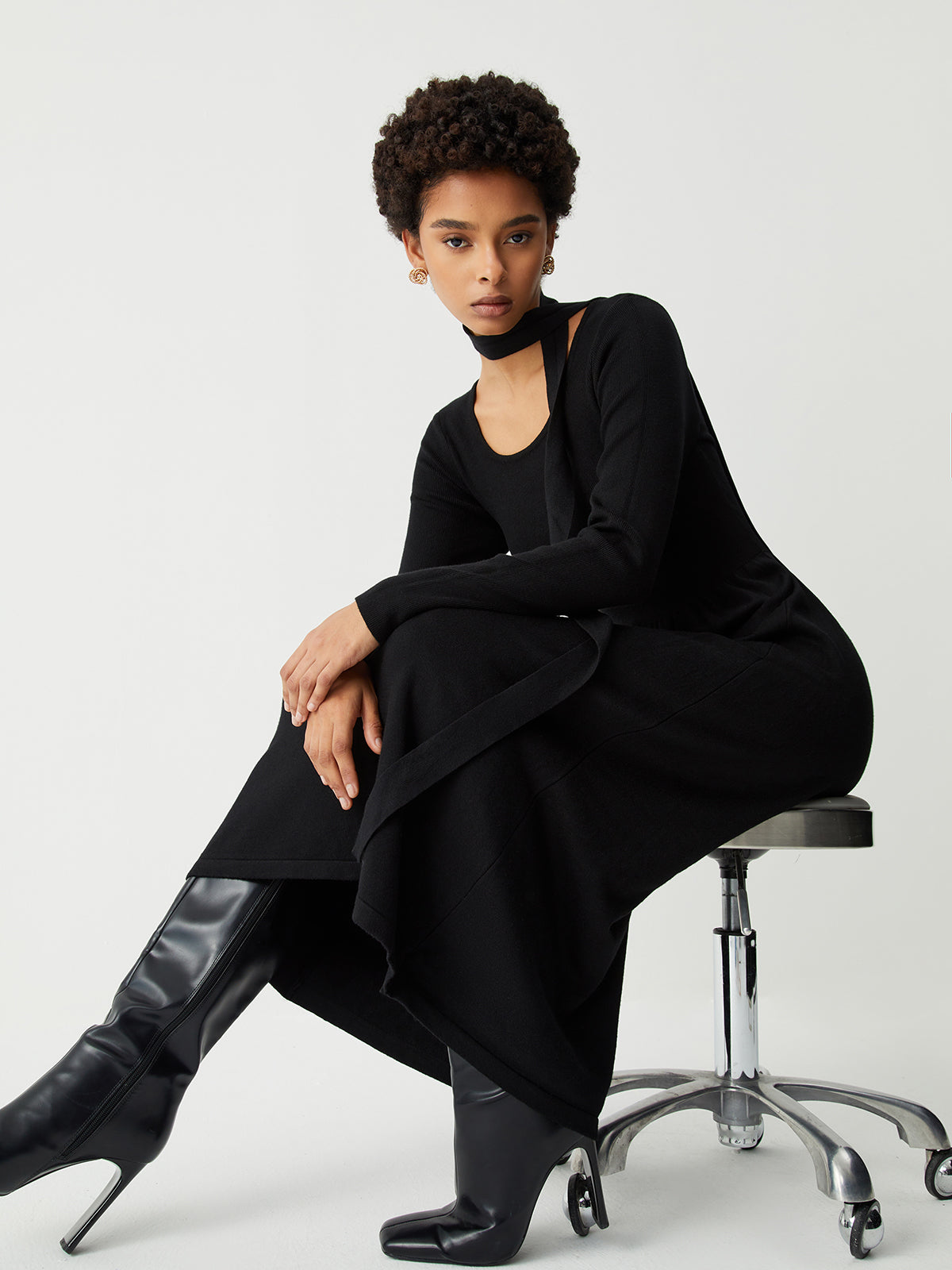 Tie Decor Long Sleeve Midi Sweater Dress