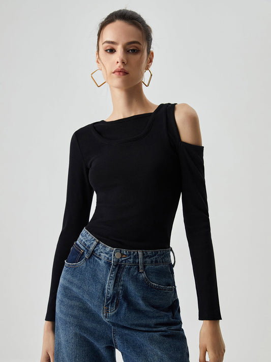 Asymmetrical Shoulder Cut Out Long Sleeve Solid Top