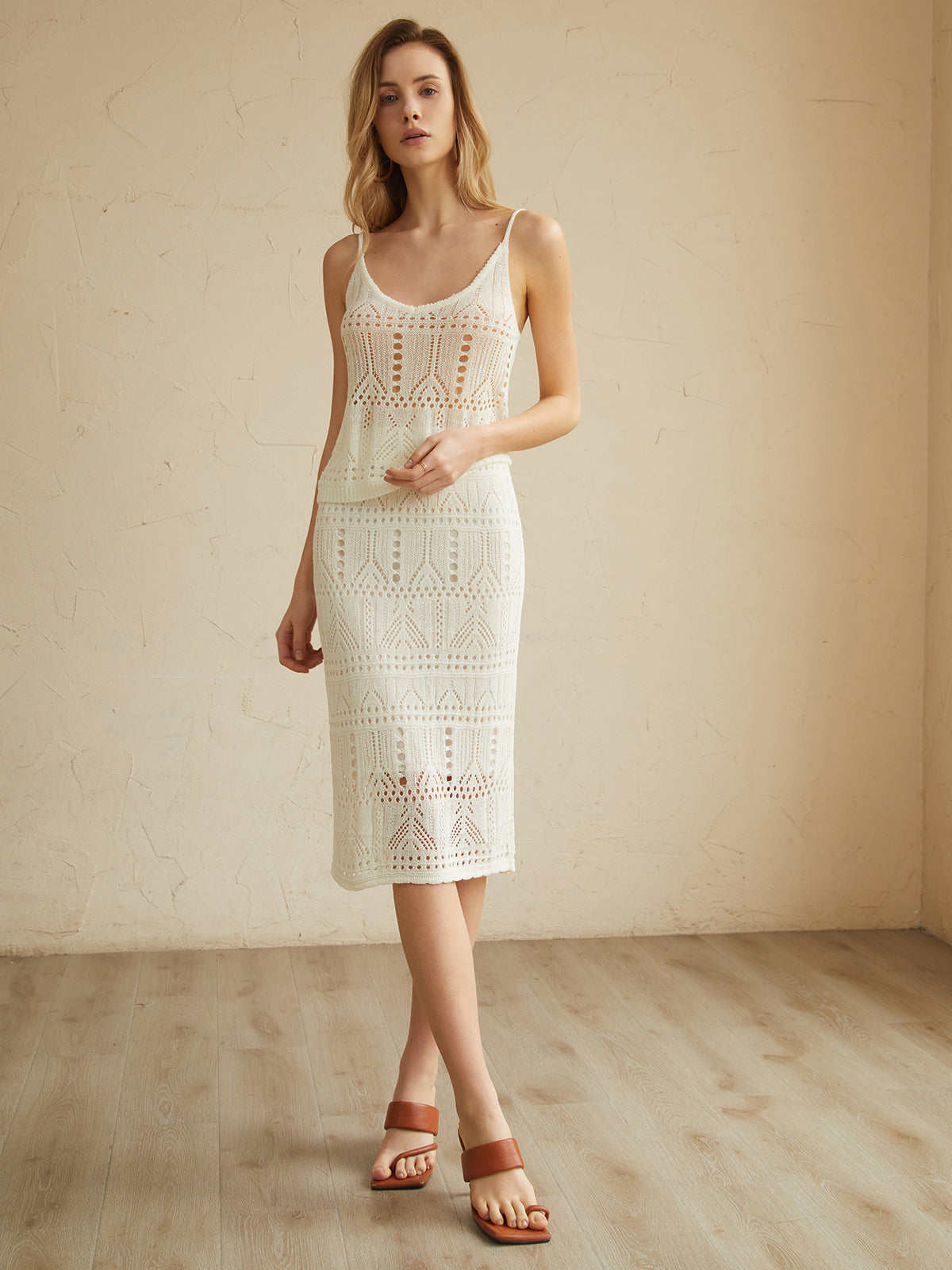 Solid Eyelet Knit Skirt Set