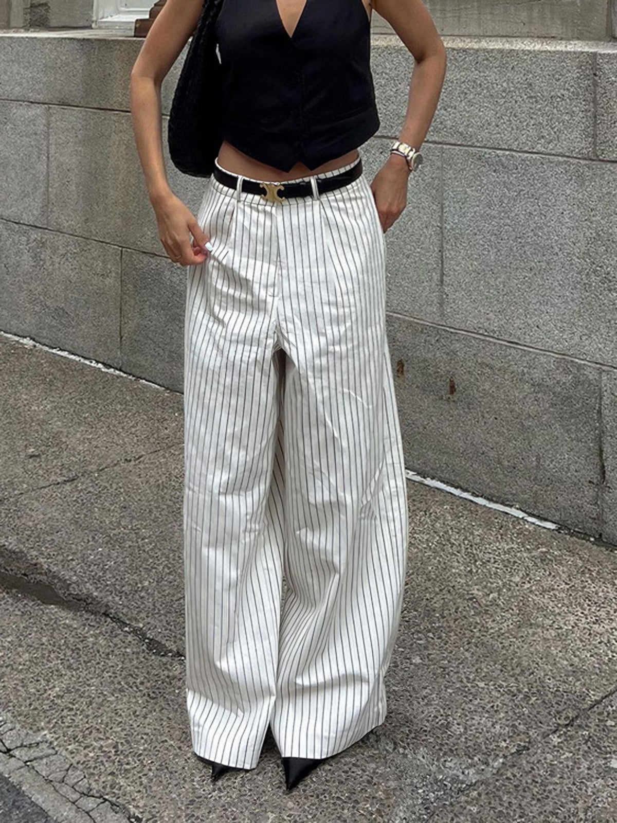 Pantalon large à jambes larges à poches rayées sans ceinture