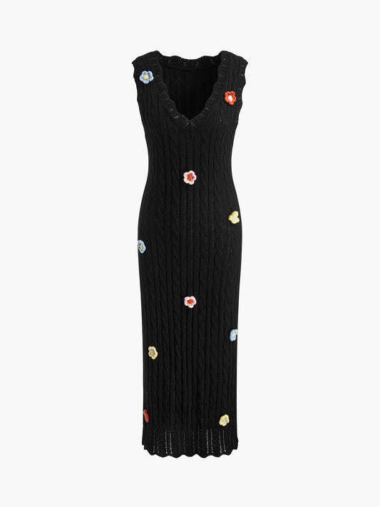 Robe en tricot à encolure en V avec patchs floraux