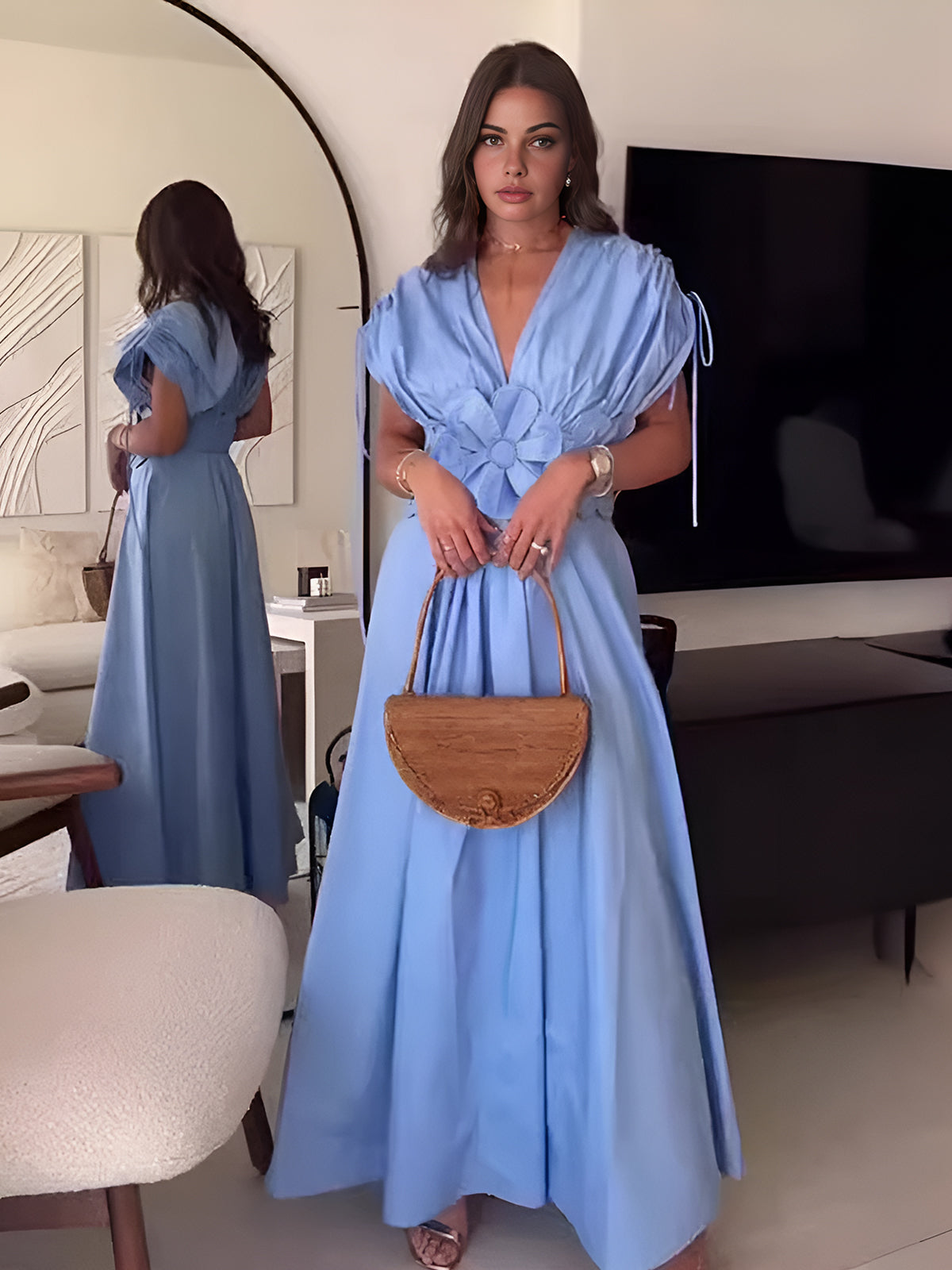 Flower Drawstring V-Neck Long Dress