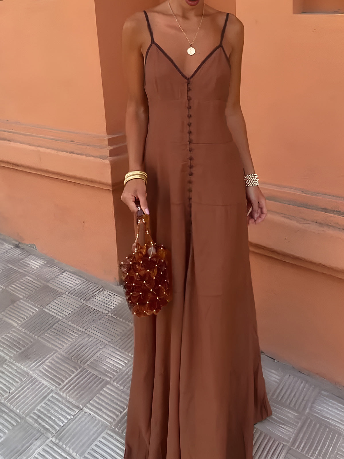 Contrast Binding Button Spaghetti Strap Long Dress